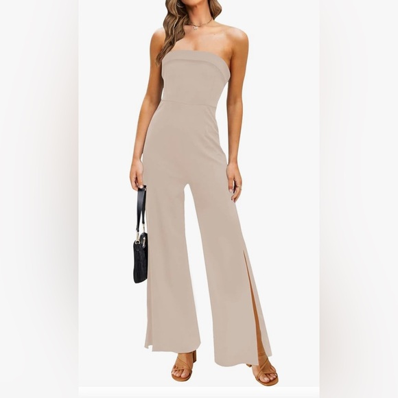 Elegant Tan Jumpsuit with Sexy Leg Slit - Picture 1 of 12